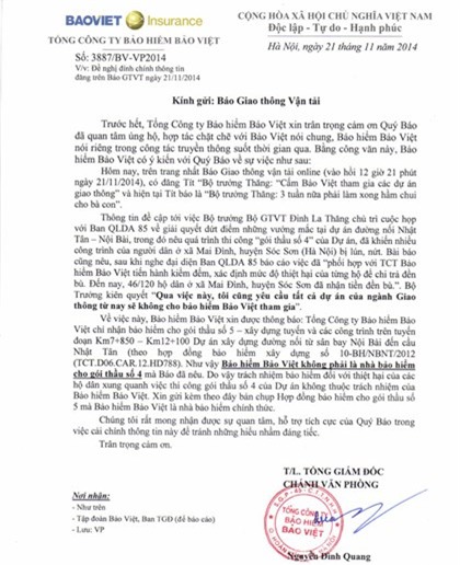 Bảo Việt lên tiếng về thông tin “bị Bộ trưởng Thăng cấm tham gia các dự án giao thông“